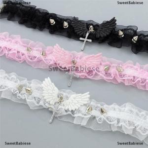 [COD] SweetBabiese Fashion Solid Color Women Girls Necklace Wide Lace Rivets Lolita Lace Choker Y2K Angel Wings Cool Leather Necklace