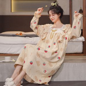 Womens spring and autumn cotton long-sleeved pajamas with a sweet skirt for spring and summer suitable for home wear and going out