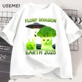 Funny Alien Brainrot Cat T-Shirt Broccoli Cat Printed Tshirt Cotton Short Sleeve Round Neck T Shirt Men's Clothes Streetwear. 