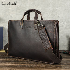 CONTACTS Genuine Leather Men Briefcase Crossbody Shoulder Messenger Bags 15.6 inch Laptop Bags Business Bag