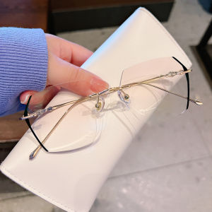 Vintage Polygon Style Women Men Rimless Anti Blue Light Glasses Nearsighted Anti Radiation Eyeglasses with Degree -50 to -600 Edge Black-line Decor