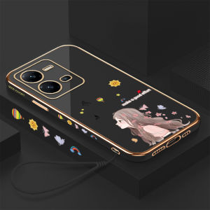 UCUC Phone Case For Vivo V25 5G Vivo V25e Casing hp Casing hp vivov25e vivov25 5G Case (With Lanyard) Cartoon Lovely Butterflies Girl Square Edge Plated Phone Shell Luxury Plating Soft Phone Case