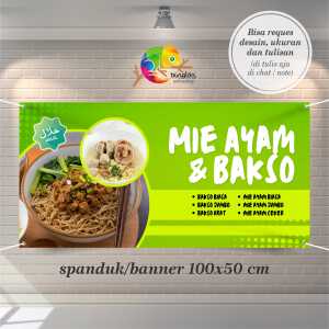 Cetak Spanduk Banner Hijau & Putih Minimalis Promosi Makanan Mie Ayam Bakso