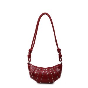 LANGJ กระเป๋าสะพายข้าง กระเป๋าสะพายไหล่ครัวซองต์ น้ำตาล แพ็คเล็ก กระเป๋าเกี๊ยว PU แบบมีหมุด หวาน แบบเกาหลี กระเป๋าสไตล์พังค์ คุณผู้หญิง