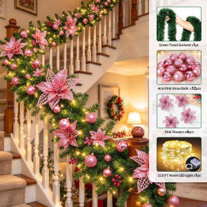 23/32.8Ft LED Green Christmas Garland with Flowers & Ball Ornaments Tinsel Strip Garland with Lights for Door Frame Fireplace Wall Window Xmas Home Indoor/Outdoor Holiday Decor 2026