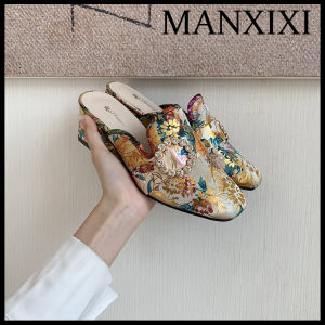 MANXIXI Fashion Women Low Heels Beautiful Flowers Pattern Mules Sandals (35-39 Size)