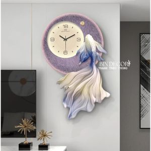 (ẢNH CHỤP) Tranh đồng hồ đèn led vũ điệu cá chép thu hút tài lộc kèm đinh quà tặng