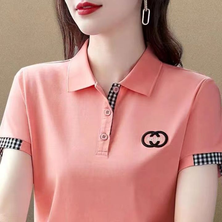 100KG Fat Girl can wear Pink Short sleeve blouse women Lapel T