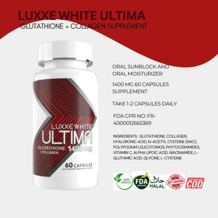 Legit Frontrow Luxxe White Ultima The Worlds First All-in-One Skin System - Glutathione + Collagen + Oral Sunblock 1400mg Luxxe White Gluta Capsules Moisturizing & Brightening Capsules - Lazada