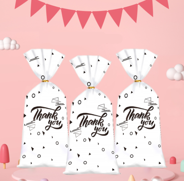 50pcs Cookie Candy Bag with Gold Ties Black/White Plastic Bags Party