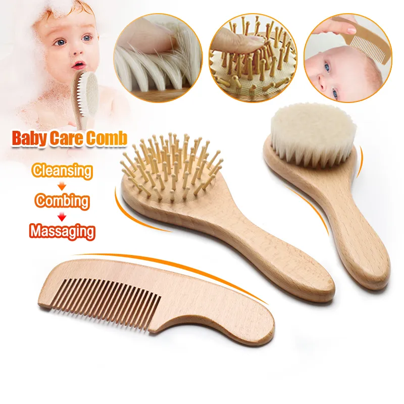 Goat Wool Wooden Baby Hairbrush Baby Brush Baby Comb Set Wooden