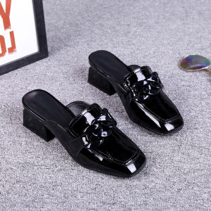 Fashionable WomenS High-Heeled Summer Outdoor Mid-Heel Versatile Closed-Toe Chain Slip-On Chunky Heel Mules