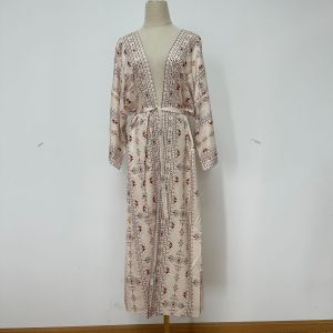 2025 In hoài cổ Bikini Bìa up phụ nữ dài tay áo áo dáng dài đi biển sọc thắt Áo kaftan đồ bơi mùa hè