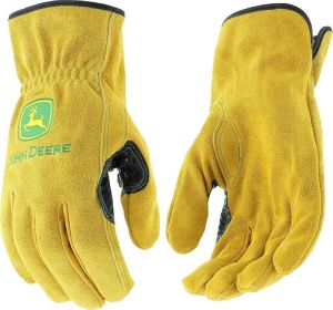 John Deere JD00004 Leather Gloves - Large Size Split Cowhide Work Gloves with Shirred Elastic Wrist. Hand Protection WearGold