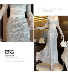 Wanita Skirt Fishtail wanita pinggang tinggi a-line separuh panjang Skirt fesyen 3D Sequined Midi panjang Skirt Fairy Street Style Skirt saiz besar