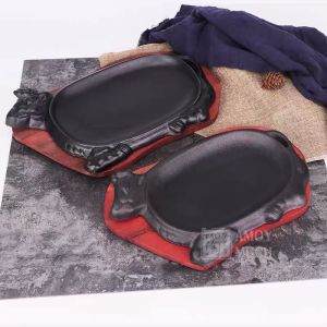 Chảo Gang chống dính có đế gỗ đầu bò/ chảo làm bít tết - Chảo gang hình con bò