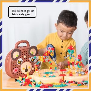 Đồ Chơi Nhập Vai - Bộ Dụng Cụ Kỹ Sư Lắp Ráp Tạo Hình 203 Chi Tiết Cho Bé KÈM KHOAN - Vali Hình Gấu Dễ Dàng Mang Đi
