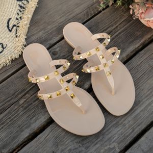 [Free Shipping] New Summer V-Style Rivet Flat Sandals For Women Flip-Flops Vacation Beach Shoes Non-Slip Jelly Shoes
