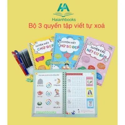 Bộ 3 Quyển Vở Luyện Viết Tự Xoá Tập Tô Chữ Số Cho Bé 3 4 5 Tuổi Mẫu Giáo Tặng 8 ruột+2 vỏ bút + 2 định vị