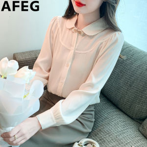 AFEG solid color Korean version doll collar fashion loose temperament chiffon long-sleeved blouse