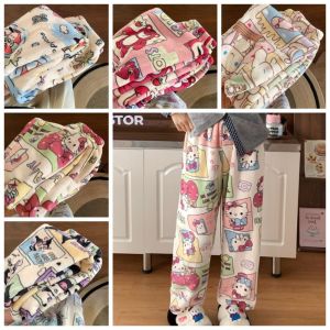 YUCHEN Crayon Shin-chan Kitty Cat Pajama Pants Bear Snoopy Coral Fleece Pants Sweet Nightwear Trousers Flannel Fleece Sleepwear Women