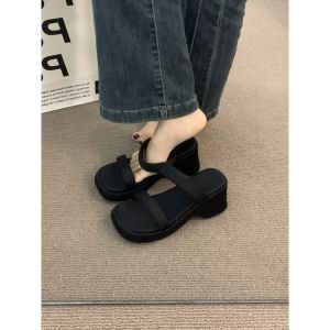 [Free Shipping] First Encounter Season Womens Platform Thick-Soled Summer Outdoor High-End Black High-Heel Slide Sandals
