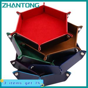 ZHANTONG Hộp khay xúc xắc có thể gập lại khay vuông đựng xu hình lục giác gấp bằng da PU trò chơi xúc xắc
