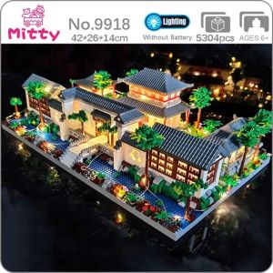 Lezi Architecture Ancient Pavilion Temple Tower Lake Garden Gate LED Light ModelDiamond Blocks Bricks Building Toy No