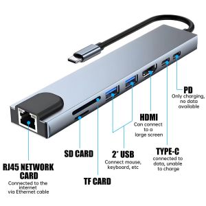 8 in 1 USB Hub Expander Dock Type C TF SD Reader Audio Compatible with Pro Pro HP