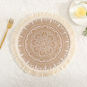 Bohemian Placemats Woven Placemats with Fringe Macrame Cotton and Linen Dining Table Insulation Mat Circular Bohemian Style Restaurant Table Mat