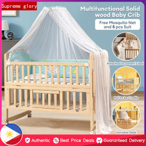 NEVIS Solid wood unpainted baby bed Multifunctional childrens game bb cradle bed（mosquito nets not included）
