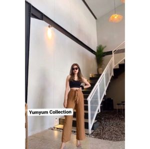 Yumyum Kulot Wanita HW Tali Ribbon Pita Sabuk Pinggang Celana Panjang High Waist Polos Rayon