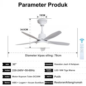 30-inch ceiling fan 4-speed remote control pure copper DC motor adjustable lighting 3 color-coded high-power airflow.