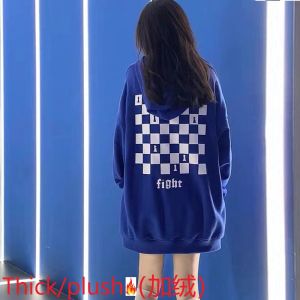 Men Women Loose Long  Sleeve   Hooded Hoodie 克莱因蓝Klein Blue卫衣港风嘻哈连帽外套棋盘格印花 男女 情侣 宽松百搭  套头帽衫潮