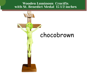 15.5 Inches Wooden Luminous Crucifix with Stand and St. Benedict Medal Glow in the Dark