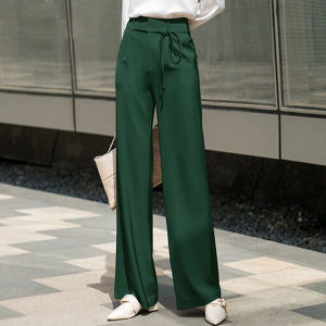 (Cle) Alisa.Sonya Womens High Waist Wide Leg Pants Comfortable Silky Satin Fabric Straight Cut Formal Pants Korean Style Trousers Women Straight Pants with free Belt