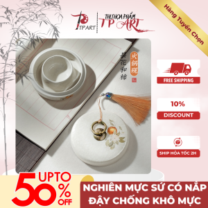 Nghiên mực sứ có nắp đậy chống khô mực giữ ẩm hai vòng chuyên dùng cho thư pháp luyện viết