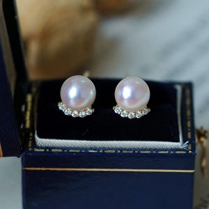 Montagne Jewelry 18K Pure Gold Earrings For Women Natural Diamond Inset Design Fine Jewellery Natural Top Grade 6.5-6mm Akoya Pearl Earrings Stud Earring