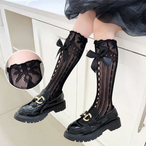 Woman Summer Hollow Lace Bowknot Lolita Solid Color Socks Middle Tube Thin Casual White Sweet Girls Socks