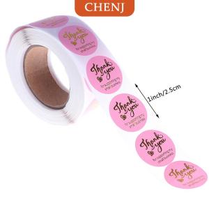 [COD] CHENJ สติกเกอร์ขอบคุณ500ชิ้นตราประทับตกแต่งงานแต่งงานประทับร้อนสีชมพูป้ายทรงกลมสีดำ