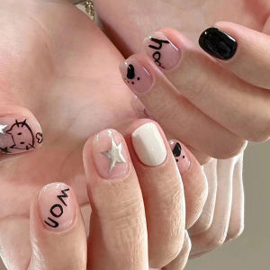 Kuku palsu gaya panjang pendek manikur kupu-kupu tembus pandang es gaya bintang beruang lucu ungu merah muda kuku palsu + lem panjang kuku palsu nail art fake nail 24pcs