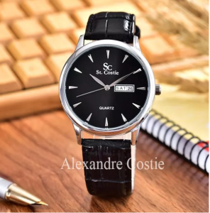 Jam Tangan Pria Keren Murah Original Saint Costie Strap Kulit Kalender SC 8009 Silver Black (Free Box)