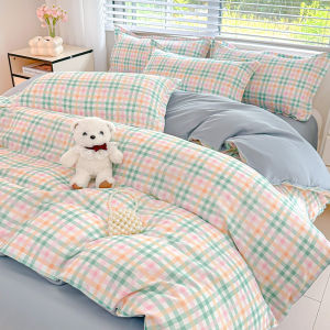 Dansunreve 3/4in1 Plaid Bedsheet Sets with Comforter Cover & Pillowcase & Bedsheet Single/Super Single/Queen/King/Super King