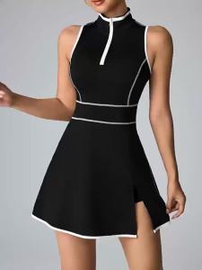 2026 Women Tennis Dress V-Neck Zipper Collar Sports Golf Dress with Shorts & Pockets Ladies Sleeveless Fitness Workout Skirts2026