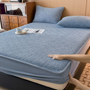 【Super low price】Taffeta Velvet Thickened Fitted Sheet with Pillowcases Winter Warm Plush Mattress Protector Queen Size Mattress Waterproof Cover