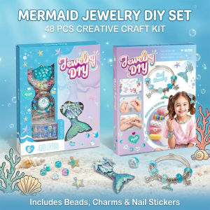 Kids Mermaid DIY Bracelet Making Kit Ocean Themed Beads Craft Set with Charms Nail Stickers Girls Jewelry Making Toy Children Birthday Party Favor Gift