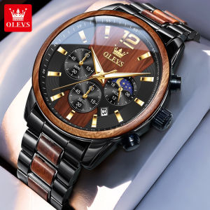 OLEVS Watch For Mens Waterproof Original Stainless Steel Strap Solid Wood Chronograph Luminous Calendar Casual Fashion Watches