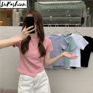 LuFashion Crop Top for Women Summer Korean Style Short Sleeve Slim Casual T-Shirts