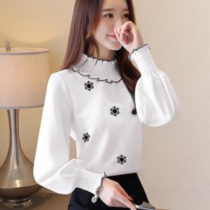 Top Long-sleeved Womens Embroidered Bottoming Shirt Autumn Clothes Blouse Clothes Loose Casual