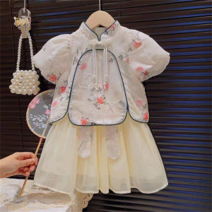 Setelan Anak Perempuan Import Model Rok Shiffon Cheongsam Rok Renda Pita Kerah Tinggi Fashionable